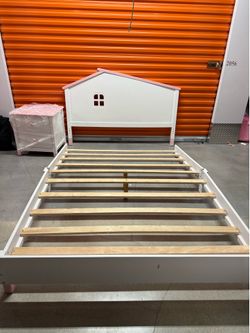 Princess Twin Bed Frame with Matching Nightstand – White & Pink