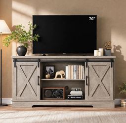 Tv Stand for 70 in TVs, Farmhouse Entertainment Center with Storage and Sliding Barn Doors