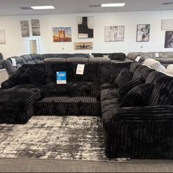 Black XL Corduroy Sectional Pullout & Storage Chaise Set - $0 Down Financing 
