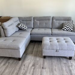 New Sectional W Storage Ottoman .  Grey, Charcoal Or Black .  106” X 77”.  Free Delivery !