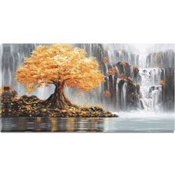 Tree Wall Art for Bedroom, Waterfall Canvas Wall Decor for Living Room, Black and Gold Picture Print, Size 40x20 Inches