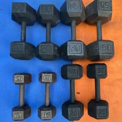 SET OF STEEL HEX DUMBBELLS  (PAIRS OF)  :  15s  25s  35s  50s