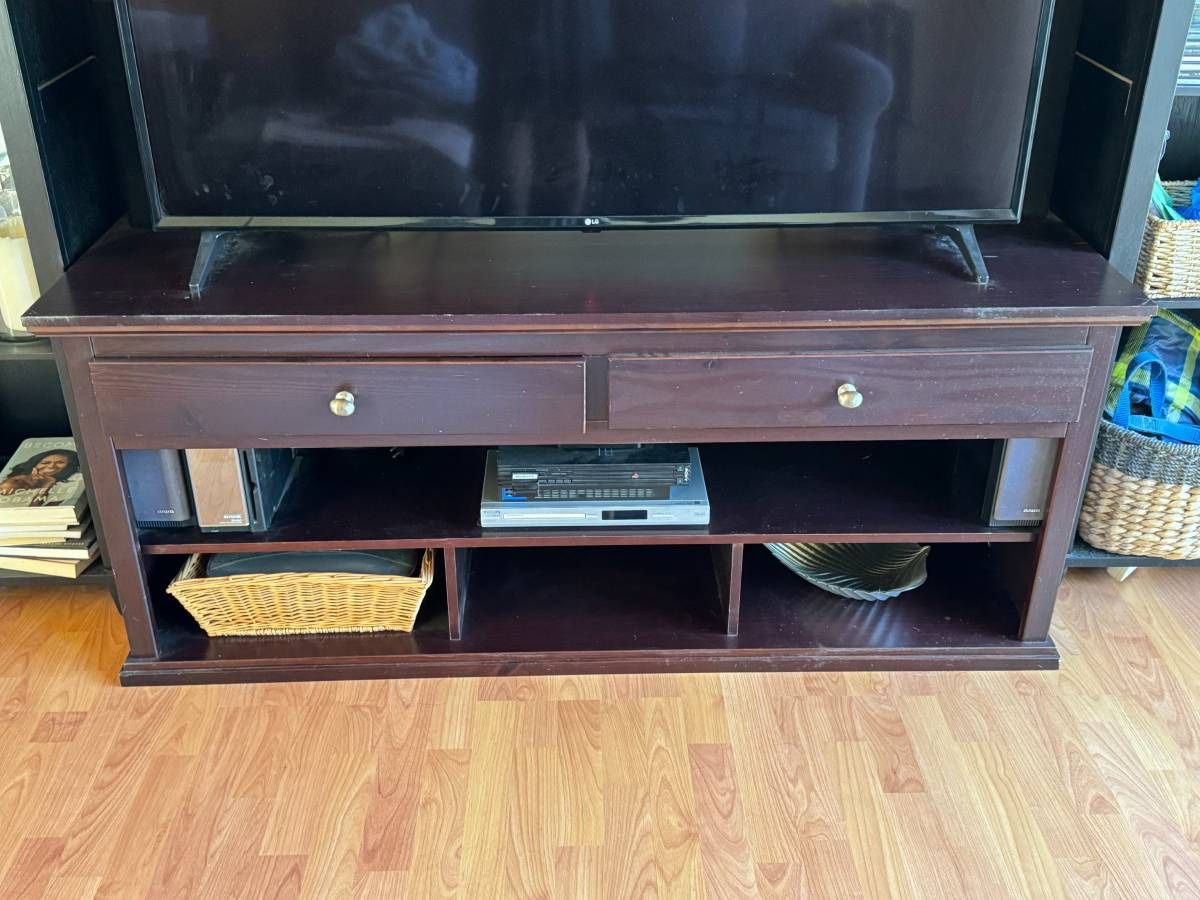 Wood TV Stand With Shelves and Drawers