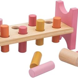 jumini Toy Wooden Hammer Bench - Pound a Peg with Wooden Hammer and 8 Wood Pegs 