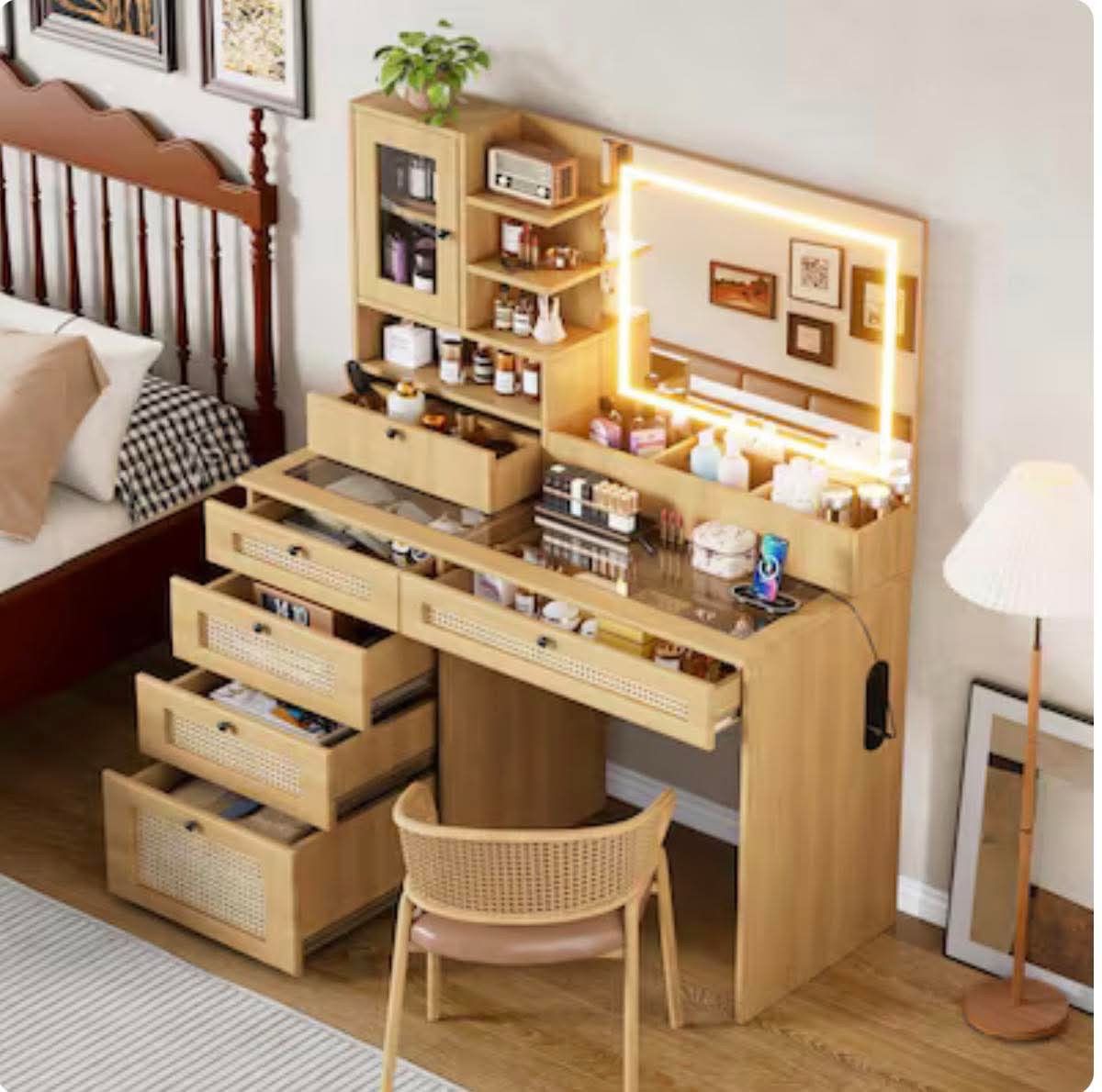 Makeup Vanity, Rattan Vanity with Charging Station with 6 Storage Drawers, Storage Shelves natural color G-62
