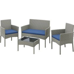 Patio Furniture Set 4 Pieces Conversation Sets, Rattan Chair Wicker Set Loveseat with Soft Cushion and Glass Table for Backyard Porch Garden Poolside