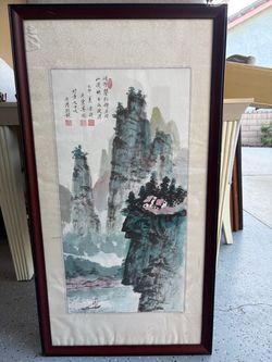 Vintage Framed Chinese Landscape Watercolor Painting
