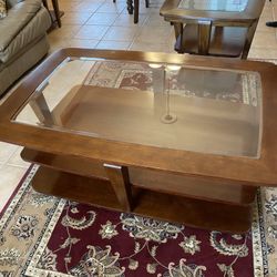 Coffee Table And 2 End Tables, Solid Wood And Glass Top