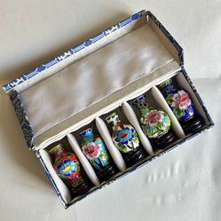 Five Vintage Miniature Chinese Cloisonné Vases With Wood Stands  