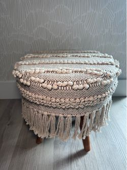 Boho Woven Ottoman Stool with Tassels – Cream | Excellent Condition