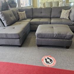 Brand New 104" x 75" Gray Linen Reversible Sectional + Ottoman