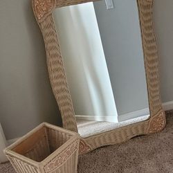 Pier 1 Imports Jamaica Collection Wicker Rattan Wall Mirror + Matching Trash Can
