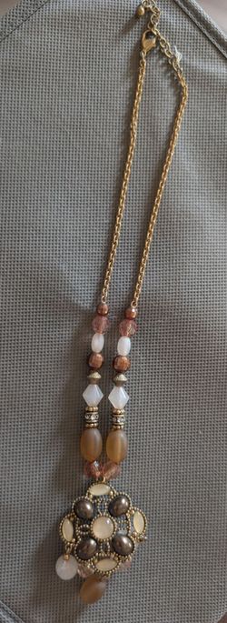 Boho Beaded Pendant Necklace Gold Tone