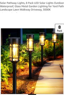 Solar Pathway Lights, 8 Pack LED Solar Lights Outdoor Waterproof, Glass Metal Garden Lighting for Yard Path Landscape Lawn Walkway Driveway, 3000K