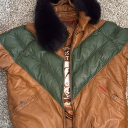 Men's Brown & Green Leather V Bomber Jacket