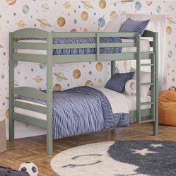 Solid Wood Twin-over-Twin Convertible Bunk Bed with Ladder and Guardrails, Sage Green 