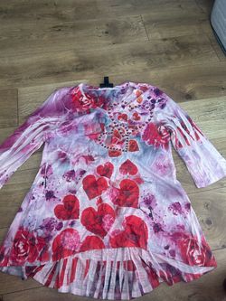 Style & Co Tunic Women XL Pink Red Heart Floral Rhinestone V-Neck
