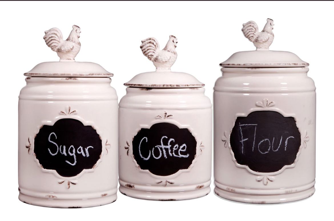 Set Of Three Canister With Rooster Lid And Chalk