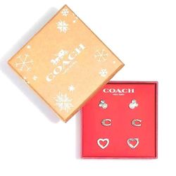 COACH SIGNATURE STONE CLUSTER HEART 3 PAIRS EARRINGS SET IN SILVER & BLUE IN COACH GIFT BOX
