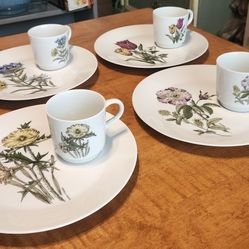 Vintage JSC Flower Garden Fine China, Set of Four Snack Plates And Cups