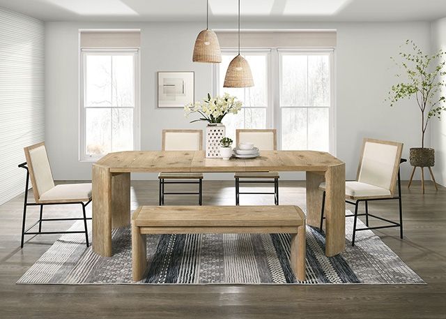 CONTEMPORARY OAK COLOR ENGINEERED VENER IAK TABLEW EXTENDABLE LEAF, UPHOLSTERY LK METAL LEGS CHAIRS AVAIL ROUND+4CH $1299!