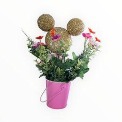 Gold Glittery Minnie Mouse Pink Buckets With Flowers Centerpieces 