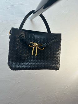 Black Woven Leather Tote Bag with Gold Bow