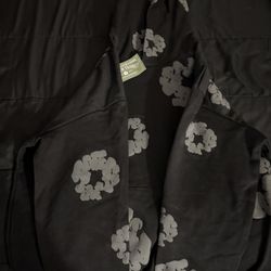 Black denim tears hoodie with grey flower print 