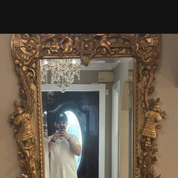 LARGE RARE ANTIQUE ROCOCO STYLE WARRIOR CHERUB CARVED GOLD GILT  MIRROR