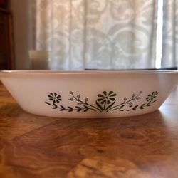 Vintage Glasbake Primrose Divided Dish: Green Floral Oval Vegetable Serving Bowl