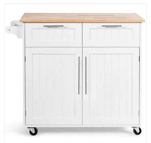 Kitchen Island 2 Drawers , Adjustable Shelves , Towel Rack , 2  Locking Wheels 