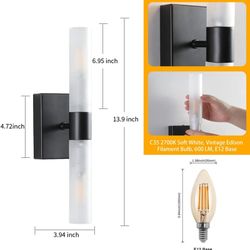 Modern Saber 2-Light Wall Sconce with Frosted Glass Shades Indoor Black Vanity Glass Tube Wall Bar Light for Bathroom Bedroom Hallway