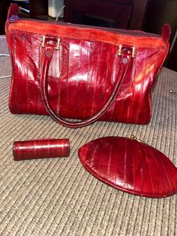Vintage Genuine Eel Skin 3-Piece Matching Accessory Set - Vibrant Cherry Red
