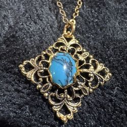 Vintage 12K Gold Filled Turquoise Pendant On 14K GF Necklace Genuine Turquoise