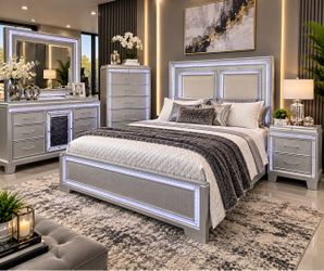 Silver Glam Bedroom Set with LED Trim
