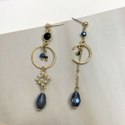 Asymmetrical Crystal Moon Tassel Dangle Drop Earrings for Women