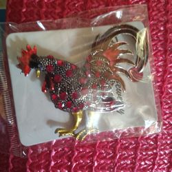 Red Rhinestone Rooster Broche  New