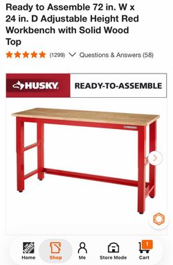 Ready to Assemble 72 in. W x 24 in. D Adjustable Height Red Workbench with Solid Wood Top