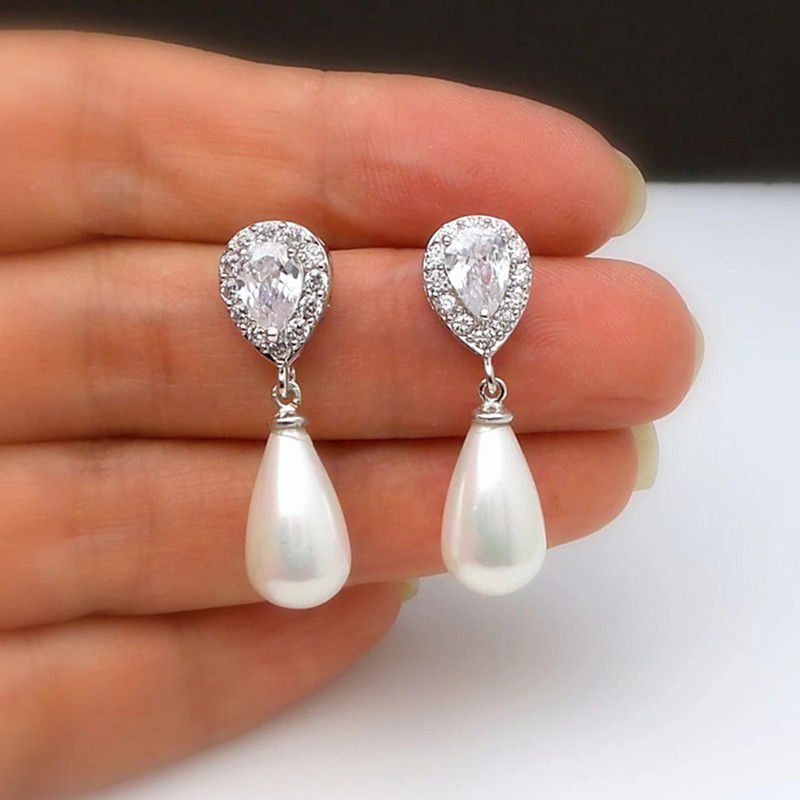 "925 Silver Plated CZ Stud Pearl Drop Earrings for Women, HA4528
