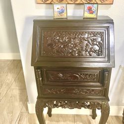 Hand Carved Asian Drop Front Desk 