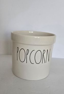 🍿Rae Dunn artisan collection POPCORN BOWL in white ceramic with black lettering.