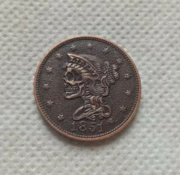 USA Hobo 1851 Half Cent Skull Skeleton Coin