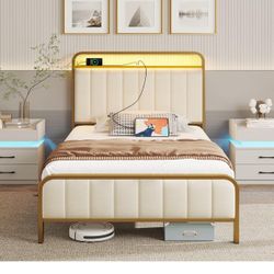 Gold And Beige Upholstered Twin Bed