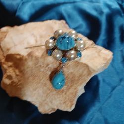 Turquoise(faux) Pin with Pearls, Marked