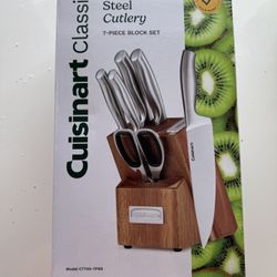 Brand New 7-Piece Stainless Steel Knife Block Set with Built-in Sharpener