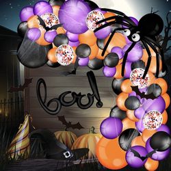 Halloween Balloon Garland Arch Kit, Boo Foil Balloon With Black Orange Purple Confetti Balloons, Spider Balloons, Spider Web And Bat, Eyes Balloons