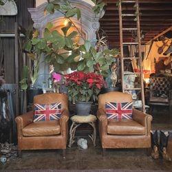 Vintage Restoration Hardware tan leather lounge comfy club chairs set!