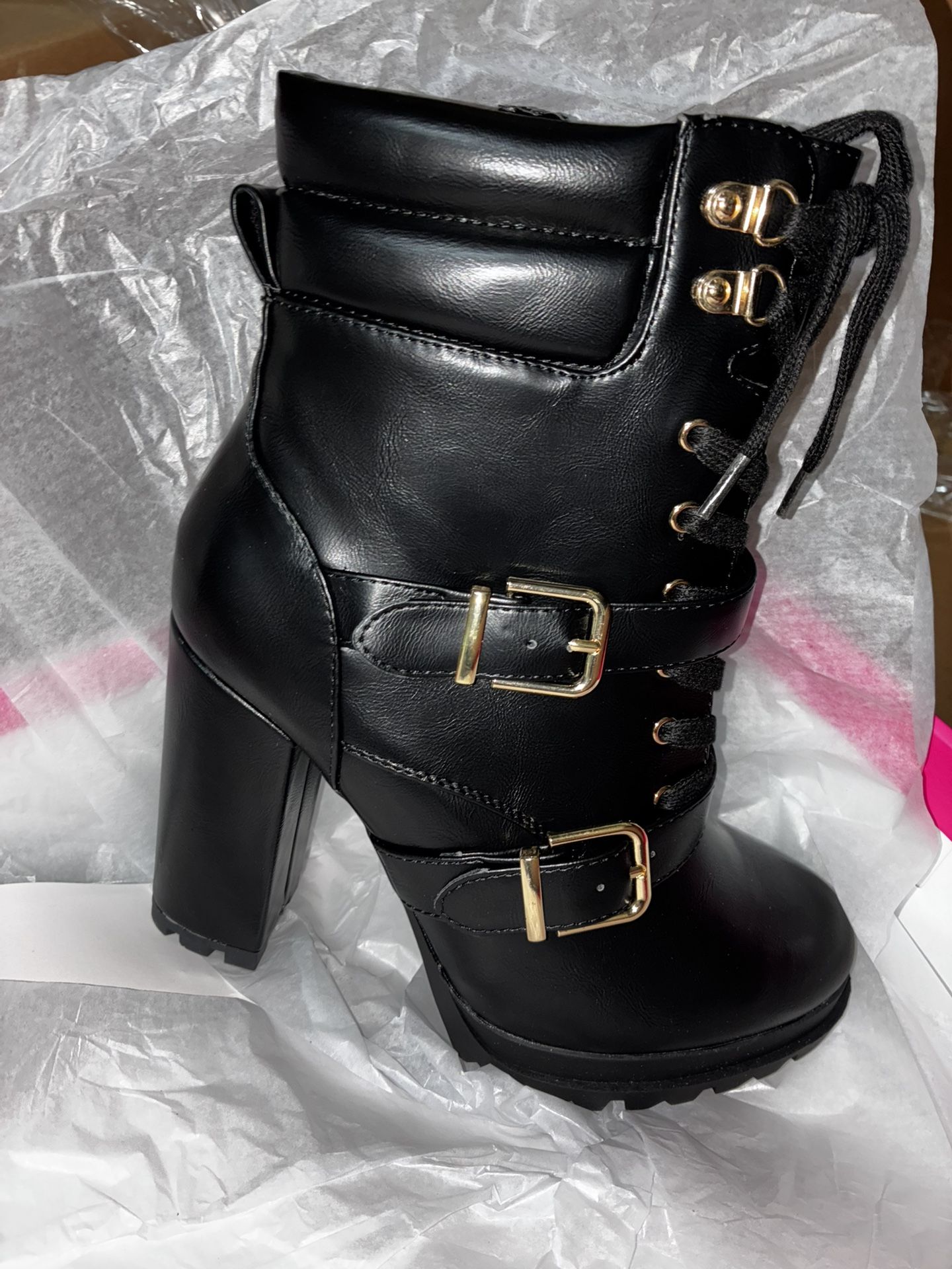 Black Ankle Boot Gold Buckle Women 7.5