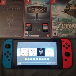 Nintendo Switch In Great Condition Plus 13 Games And 256gb Sd Bundle, Zelda Tears Of The Kingdom, Hogwarts, Skyrim, No Mans Sky, Crash Bandicoot, Etc.