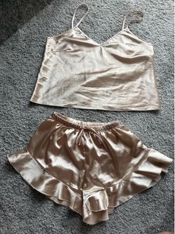 2-Piece Satin Pajama Set | Silk-Style Cami & Ruffle Shorts Loungewear – $15